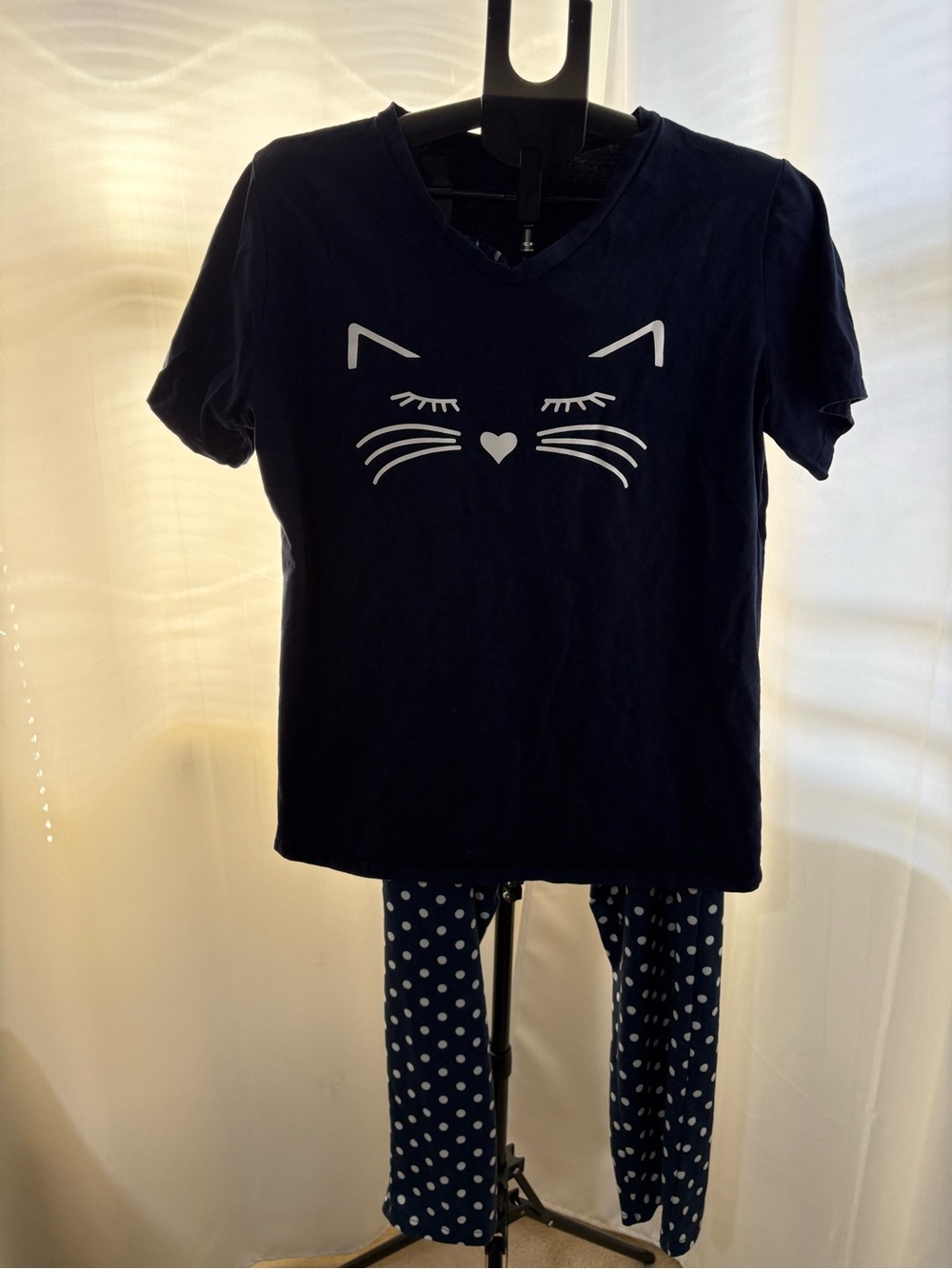 Amazon Essentials Navy Cat Face Women’s Pajama Set with Polka Dot Pants
